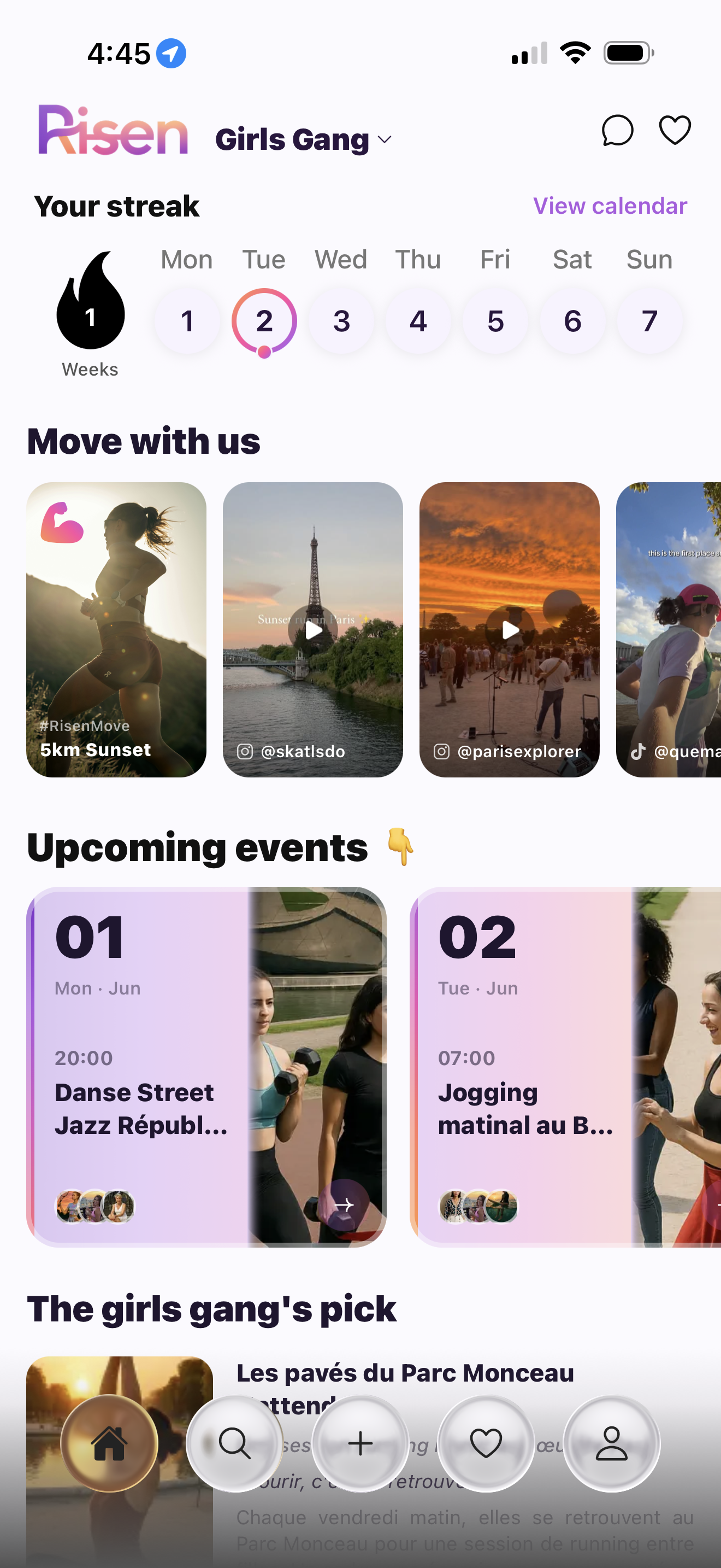 Risen app — home, découverte de sessions sportives