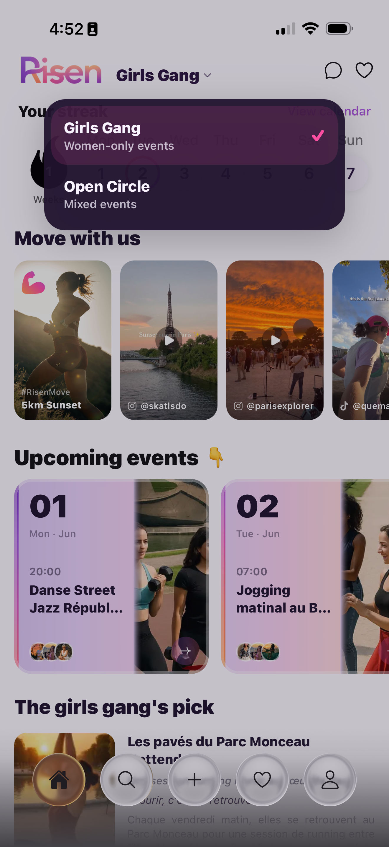 Risen app — modes Open Circle et Girls Gang, sessions mixtes ou entre femmes