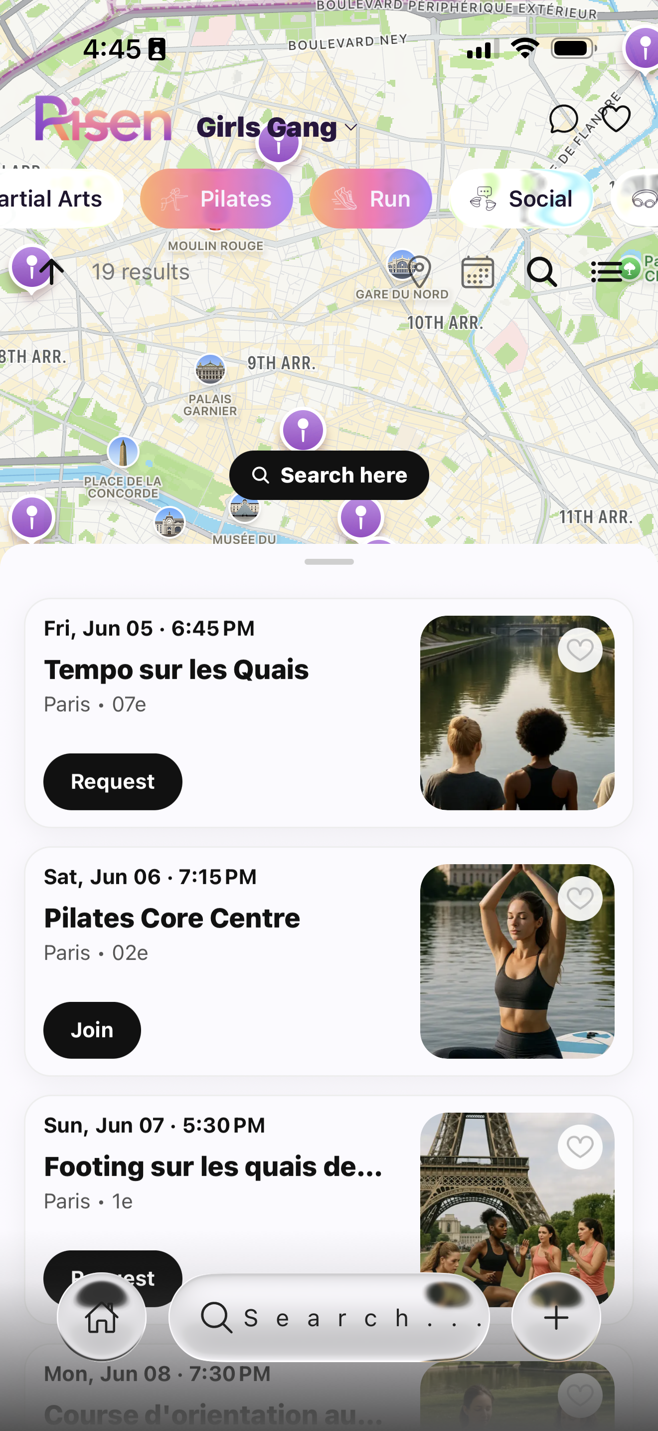 Risen app — explore, sessions running tennis padel yoga